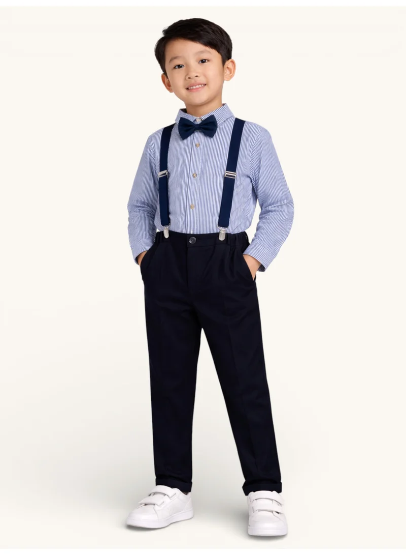 victor and jane Boys 4 Pc set Formal Shirt, Navy Trousers, Suspenders & Bow Tie Set (3 Months–9 Years)